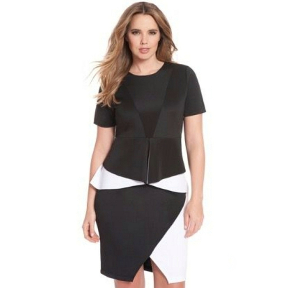Eloquii | Women's Black & White Colorblock Origami Bonded Peplum Dress (Size 14)